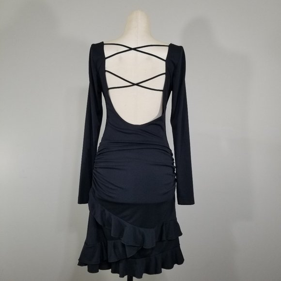 Moda International Black Backless Dress Size XXS Long Sleeve Bodycon Vintage USA - Picture 4 of 9